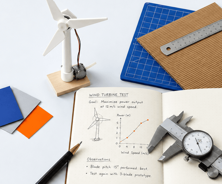 A maker workbench with a model wind turbine, blue cutting mat, calipers, and an engineering notebook of test results