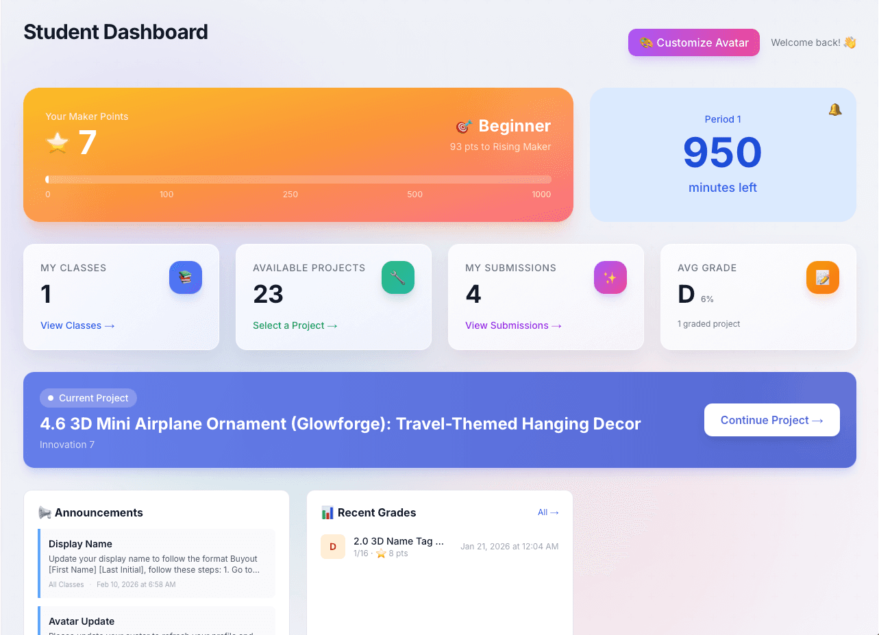 MakerHub student dashboard