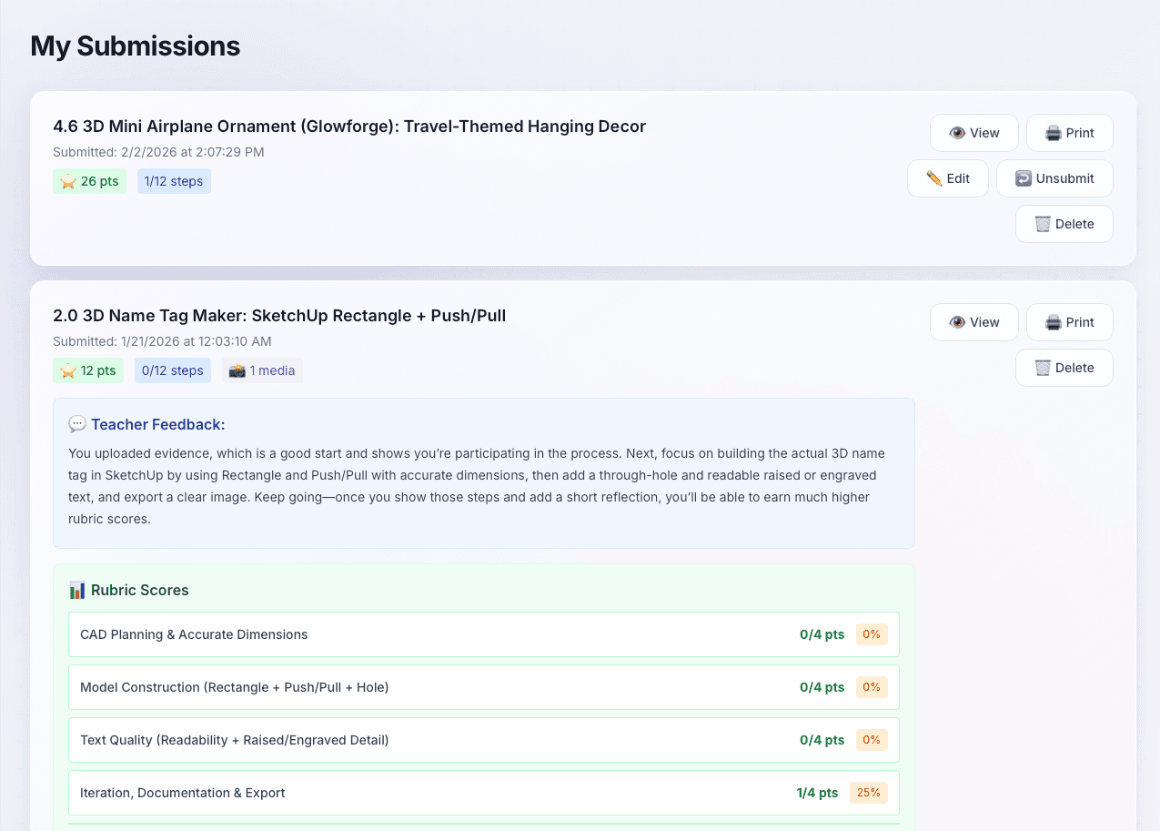 MakerHub student submissions page screenshot