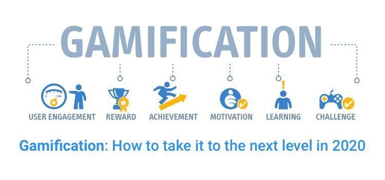 : A graphic showing the word "GAMIFICATION" at the top, with icons underneath representing key elements: a meter with a person for "USER ENGAGEMENT," a trophy for "REWARD," a figure running for "ACHIEVEMENT," a hand for "MOTIVATION," a figure reading for "LEARNING," and a game controller for "CHALLENGE." Below the icons, text reads: "Gamification: How to take it to the next level in 2020."