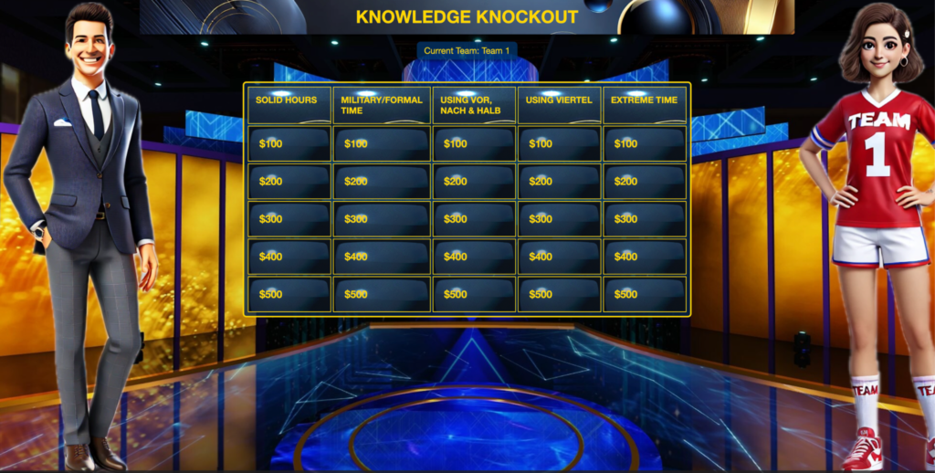 A game show scene from a "Jeopardy" style quiz game titled Knowledge Knockout. The screen shows a host on the left in a suit and a player on the right in a red "Team 1" uniform. In the middle, there is a game board with categories like "Solid Hours," "Military/Formal Time," "Using Vor, Nach & Halb," "Using Viertel," and "Extreme Time." Each category has monetary values ranging from $100 to $500.