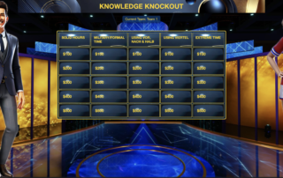 A digital game show interface titled "Knowledge Knockout" featuring a trivia board with five categories, each with questions valued from $100 to $500. Two animated hosts, a man in a suit and a woman in a team jersey, stand on either side of the board in a vibrant studio.