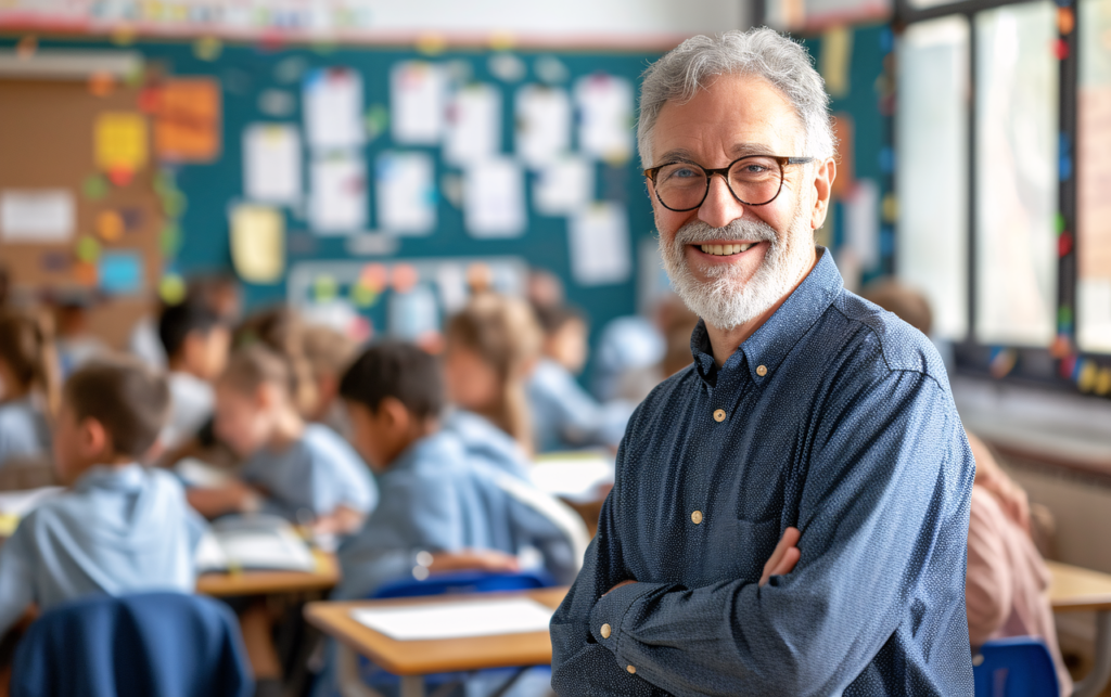 A smiling older teacher with glasses and a gray beard, standing confidently with arms crossed in front of a classroom of students who are focused on their work. The classroom has a colorful bulletin board in the background filled with papers and notes.