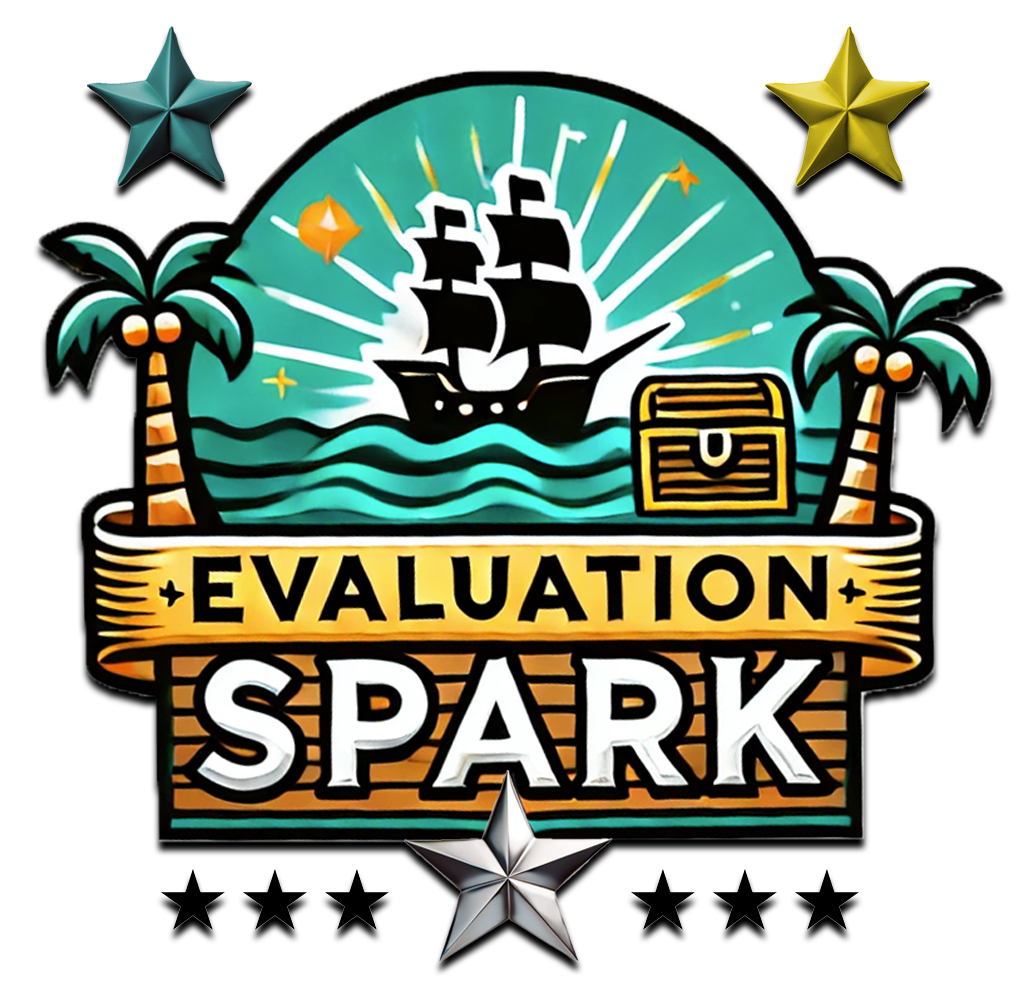 A vibrant logo for "Evaluation Spark," featuring a sailing ship on the ocean between two palm trees with a treasure chest on the right. The logo includes a banner reading "Evaluation Spark," with stars surrounding the image, symbolizing achievement and exploration.