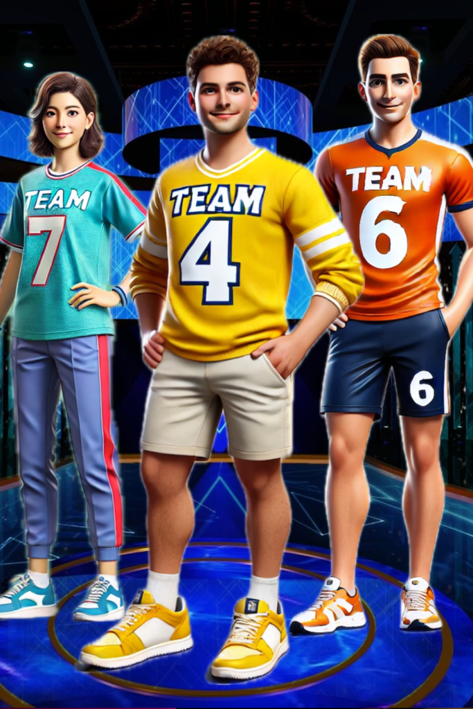 Three team members standing side by side in sporty outfits with their team numbers prominently displayed: Team 7 in a teal jersey, Team 4 in a yellow jersey, and Team 6 in an orange jersey.