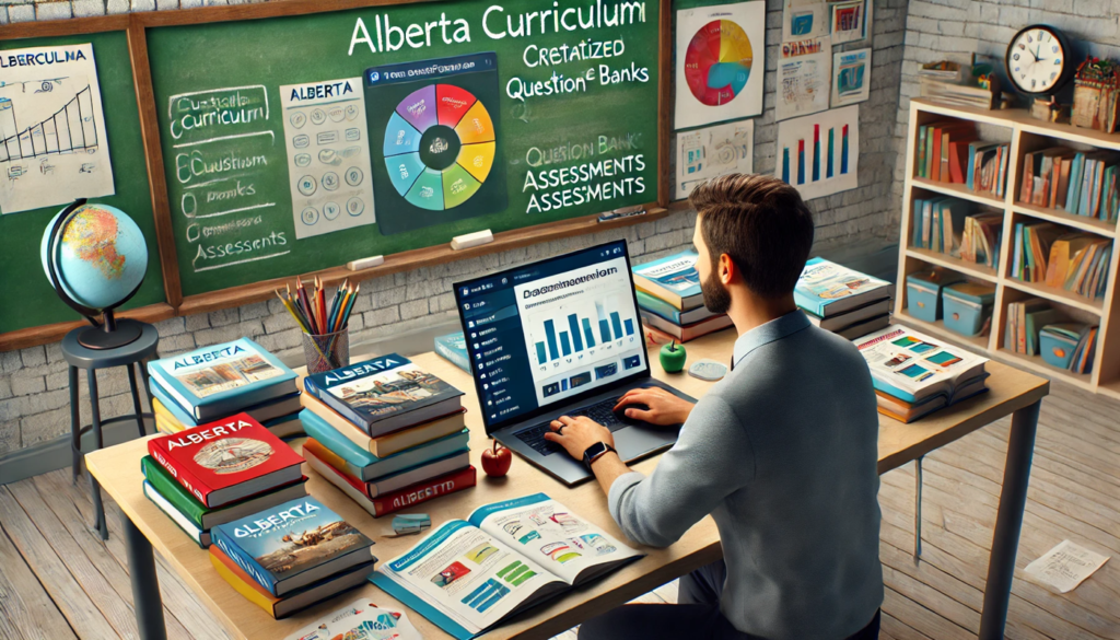 A teacher in a professional development setting, working on a laptop with a platform for creating question banks and assessments visible on the screen, surrounded by Alberta curriculum documents, colorful materials, and a whiteboard with notes on curriculum updates.