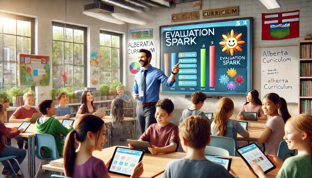 A vibrant classroom with a teacher using an interactive smartboard displaying Evaluation Spark’s interface, surrounded by diverse students actively participating with tablets and in group discussions. The setting includes Alberta curriculum books, bright natural lighting, and colorful educational decor.