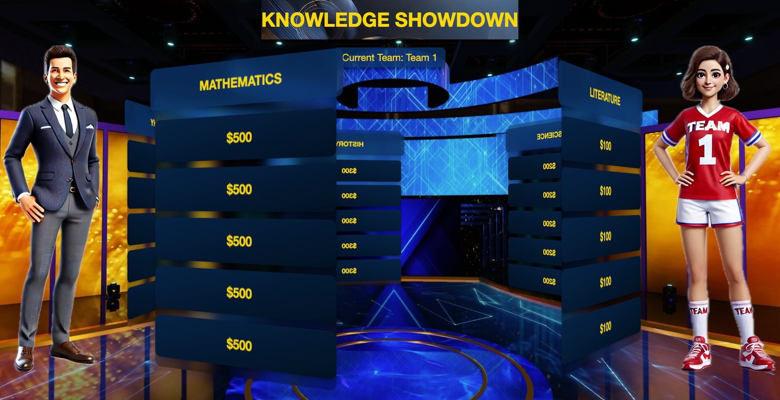 Rotating Knowledge Showdown gameboard showing detailed categories for Mathematics and Literature, with multiple question values displayed.