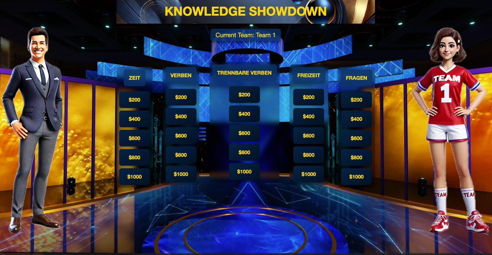 A Knowledge Showdown subject-focused board with categories like Science, History, Geography, Mathematics, and Literature. Question values range from $200 to $1000.