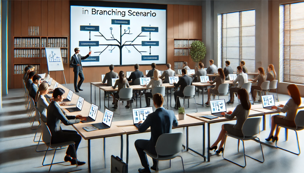 Collaborative Corporate Training with Branching Scenarios Professionals participate in a corporate training session, using laptops to navigate decision-making branching scenarios in a collaborative setting.