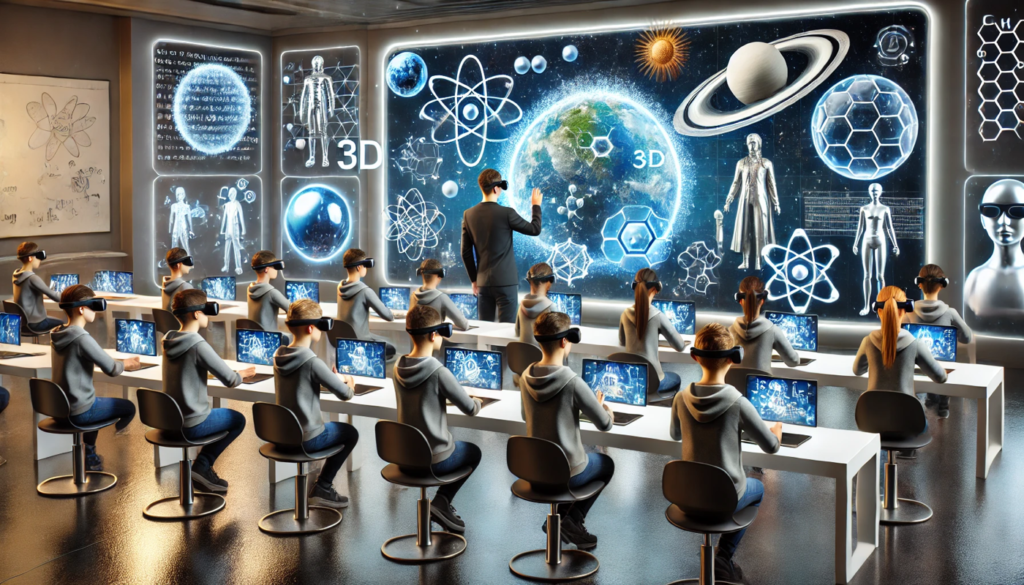 Students participate in an educational game displayed on an interactive screen, competing and collaborating to answer questions and earn points.