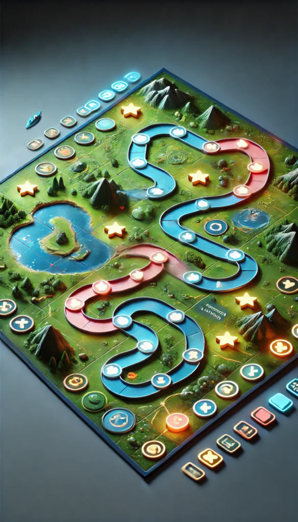 Educational Game Board with Learning Path A photorealistic vertical game board featuring a vibrant map with a winding learning path marked by symbols such as stars, arrows, circles, and squares. The map includes diverse terrains like forests, rivers, and mountains, creating an immersive and educational visual.