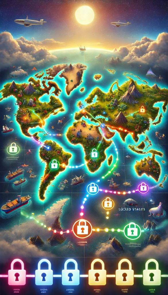 Gamified World Map with Checkpoints A photorealistic vertical world map for a gamified learning experience. The vibrant map features continents with animals, landmarks, and glowing dotted paths connecting checkpoints marked with colorful lock icons, symbolizing game stages.