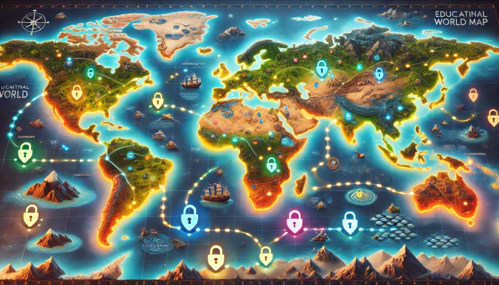 Gamified Horizontal World Map A photorealistic horizontal educational world map with vibrant continents showcasing realistic terrains such as mountains, forests, and deserts. Glowing dotted paths connect colorful lock icons marking checkpoints. The oceans are detailed with marine life, ships, and waves.